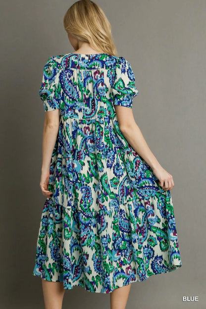 Umgee Paisley V-Neck Tiered Mid Button Down Midi Dress