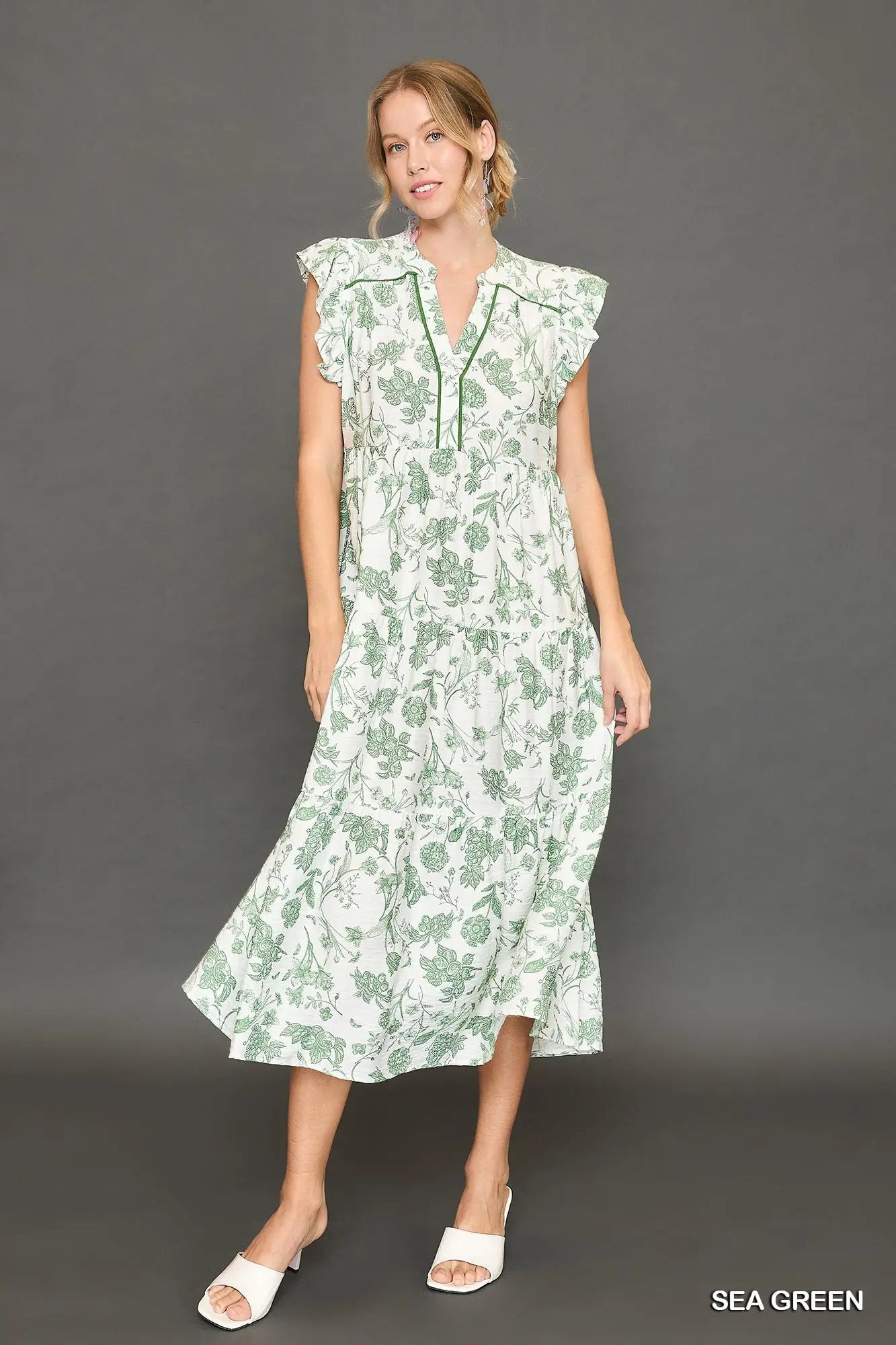 Umgee Two Tone Contrast Piping Tiered Dress - Sea Green