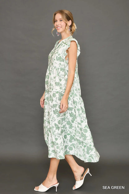 Umgee Two Tone Contrast Piping Tiered Dress - Sea Green