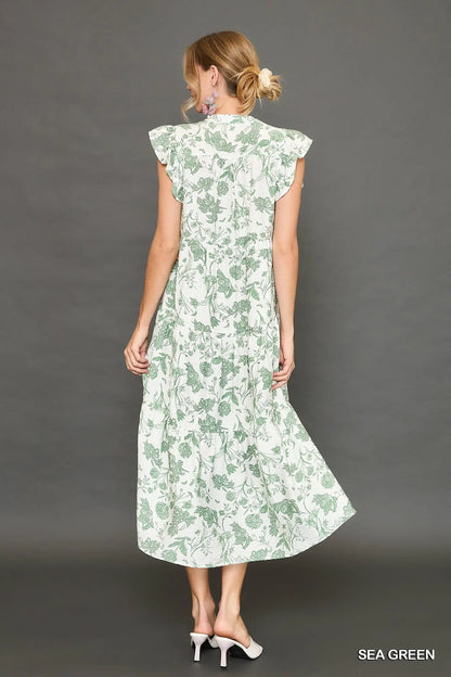 Umgee Two Tone Contrast Piping Tiered Dress - Sea Green