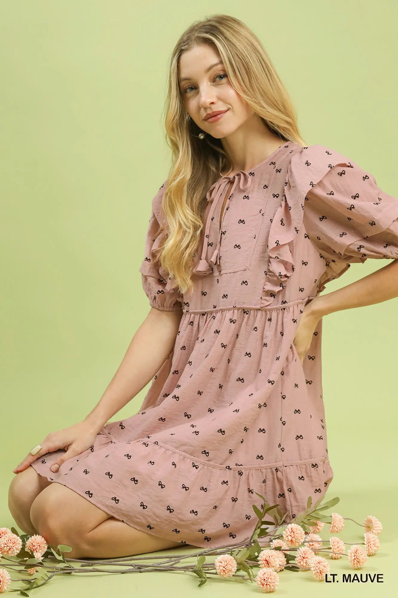 Umgee Ruffle Sleeve Bow Print Mini Dress - Mauve