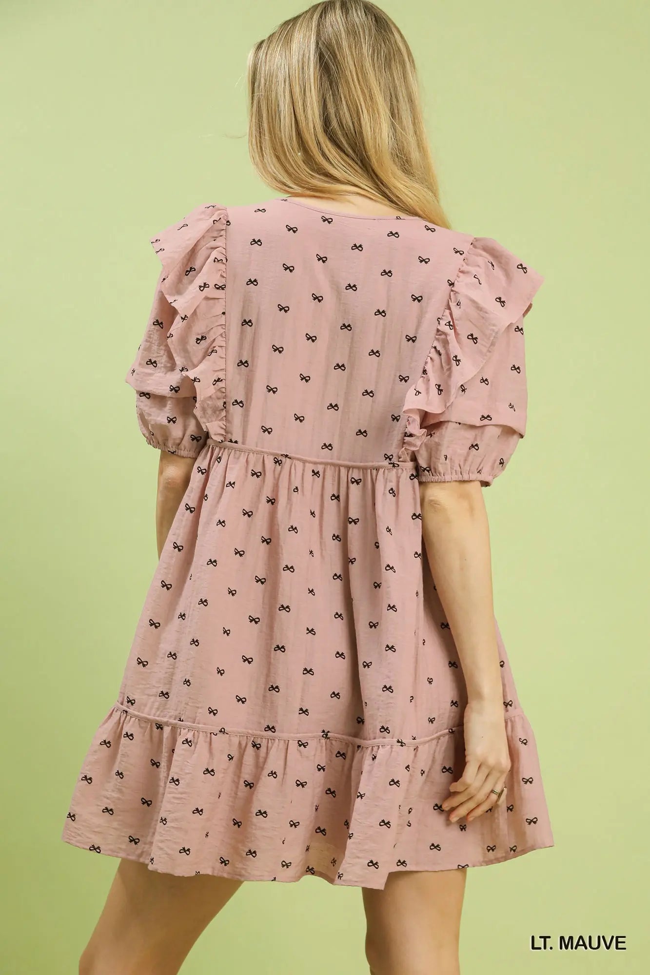Umgee Ruffle Sleeve Bow Print Mini Dress - Mauve
