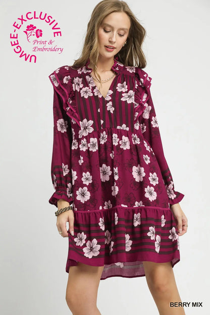 Umgee Mix Floral & Stripe Ruffle Long Sleeve Mini Dress
