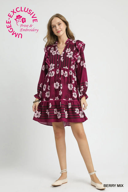 Umgee Mix Floral & Stripe Ruffle Long Sleeve Mini Dress