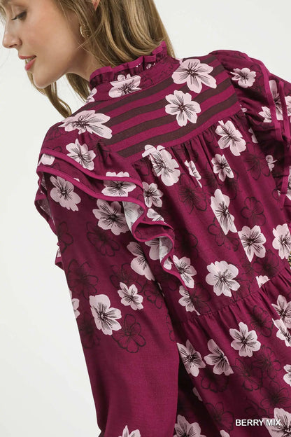Umgee Mix Floral & Stripe Ruffle Long Sleeve Mini Dress
