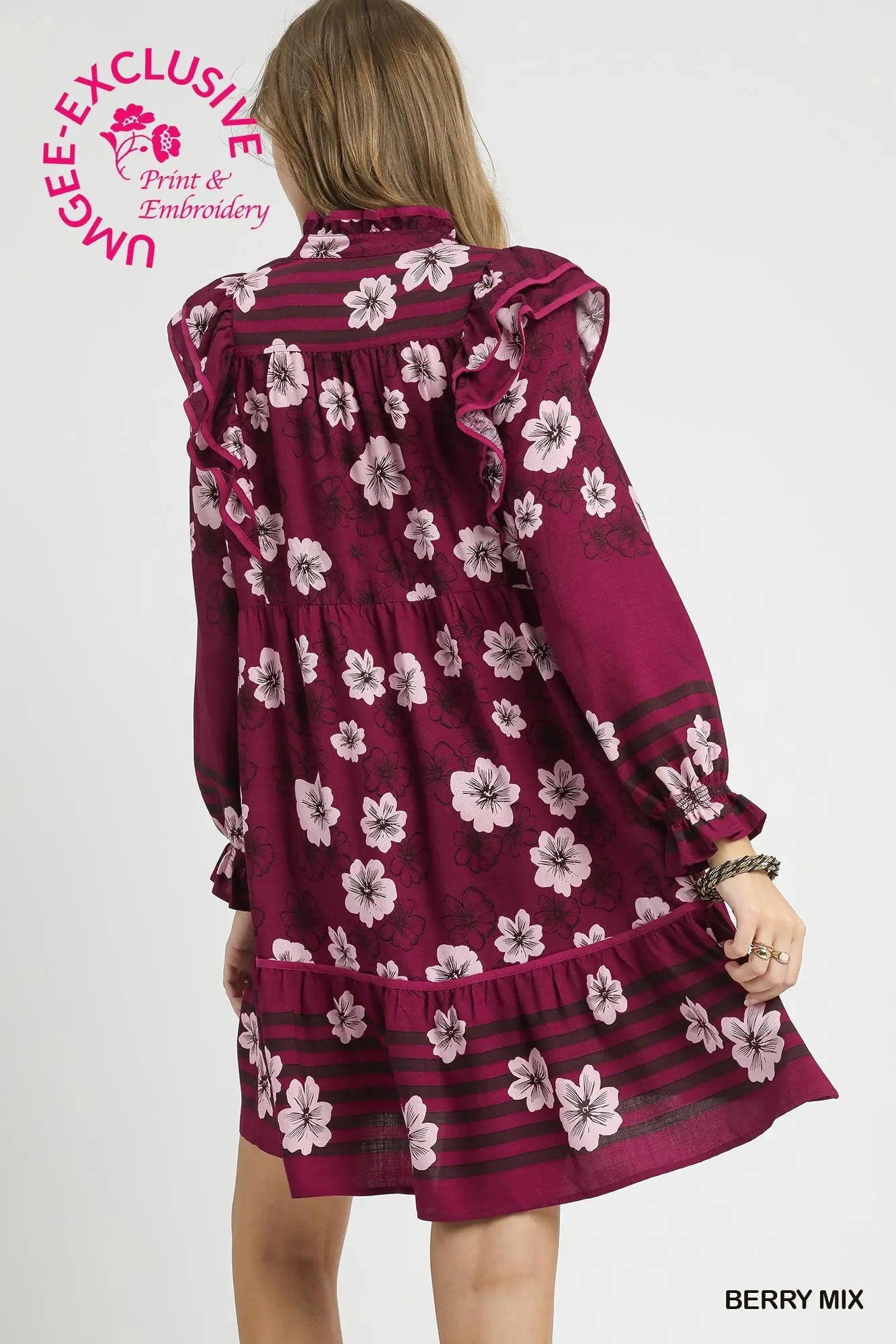 Umgee Mix Floral & Stripe Ruffle Long Sleeve Mini Dress