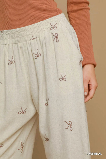 Umgee Linen Blend Pull On Pants - Oatmeal with Bow detail