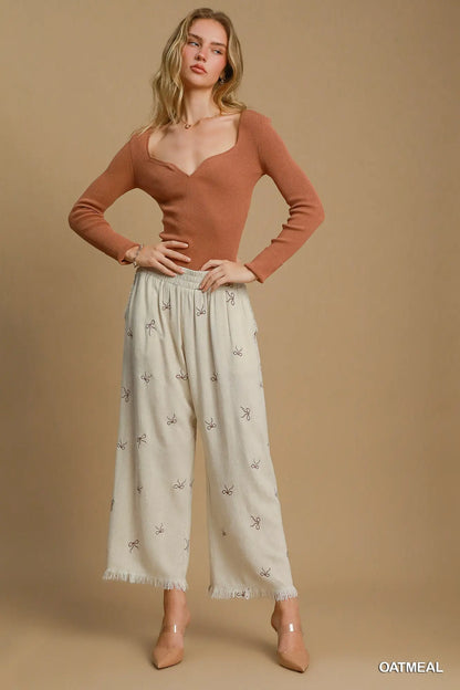Umgee Linen Blend Pull On Pants - Oatmeal with Bow detail