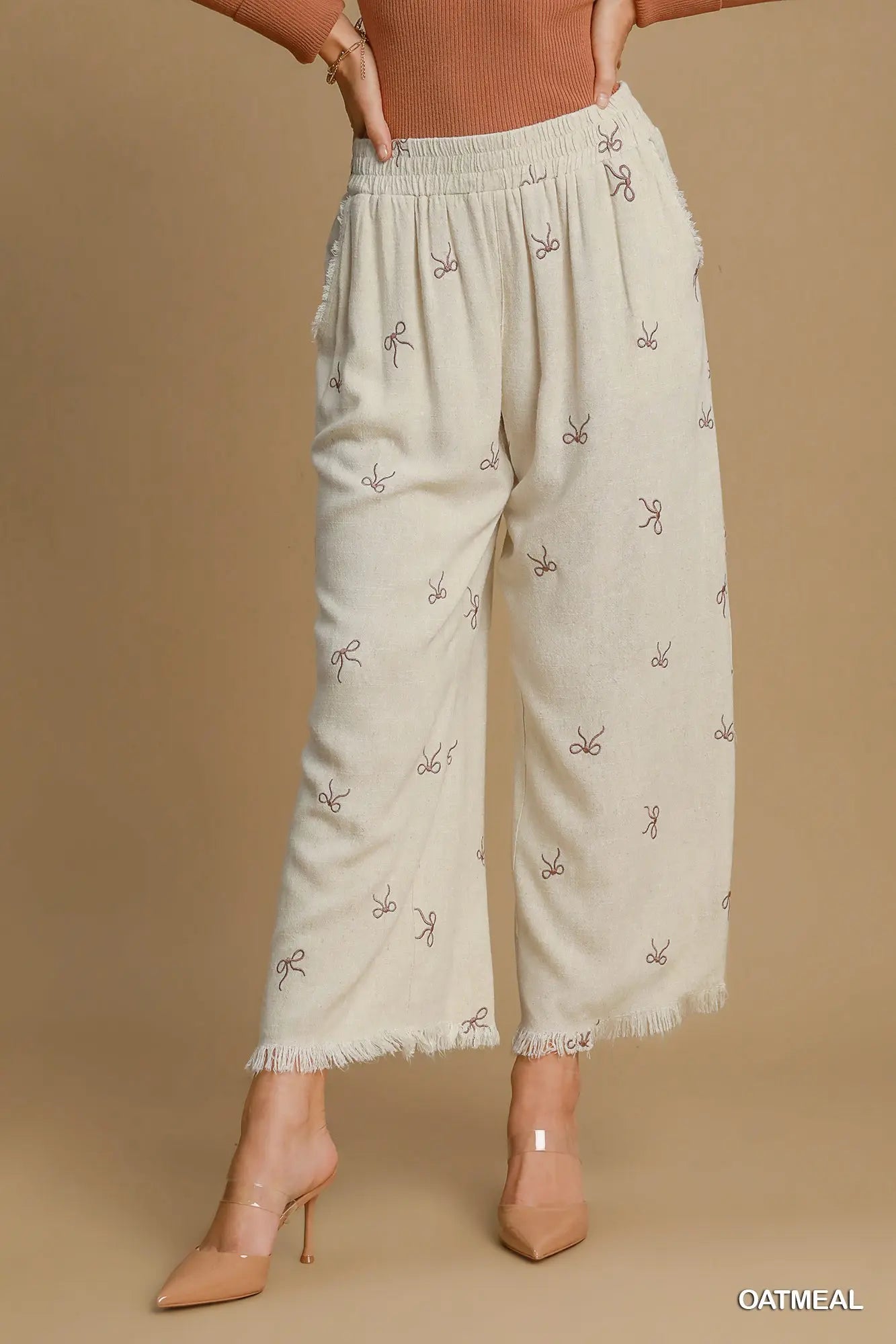Umgee Linen Blend Pull On Pants - Oatmeal with Bow detail