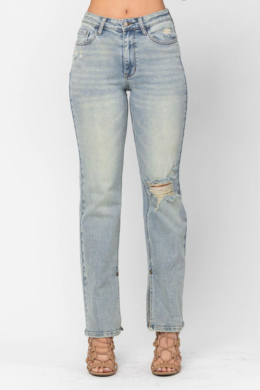 Judy Blue Destroyed Straight Fit Jeans with Side Slit