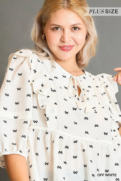 Umgee Plus Ruffle Sleeve Bow Print Blouse - Off-White