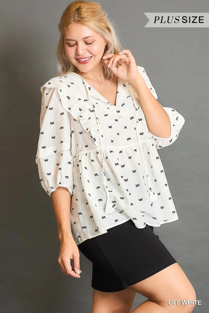 Umgee Plus Ruffle Sleeve Bow Print Blouse - Off-White