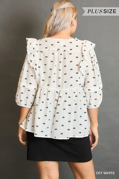 Umgee Plus Ruffle Sleeve Bow Print Blouse - Off-White