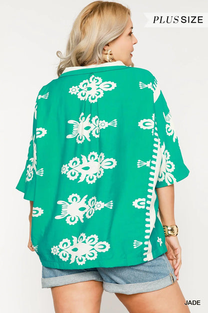 Umgee Plus Oversized Border Print Top - Jade