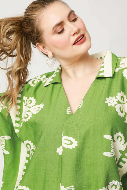 Umgee Plus Oversized Border Print Top - Green