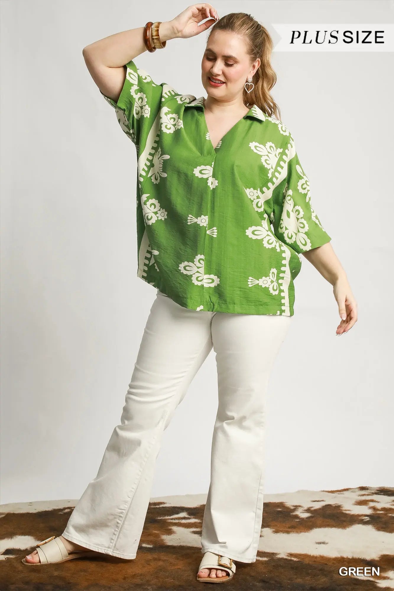 Umgee Plus Oversized Border Print Top - Green