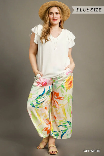 Umgee Plus Ruffle Edge V-Neck Top - off white