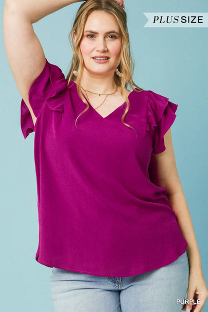 Umgee Plus Ruffle Edge V-Neck Top - Purple