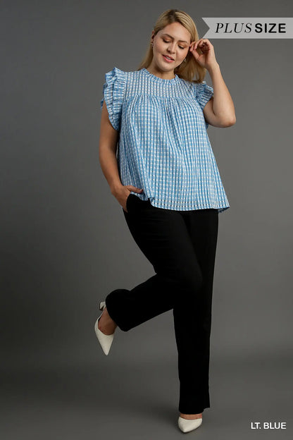 Umgee Plus Checkered Seersucker Ruffle Neck Boxy Cut Top with Double Flutter Sleeve
