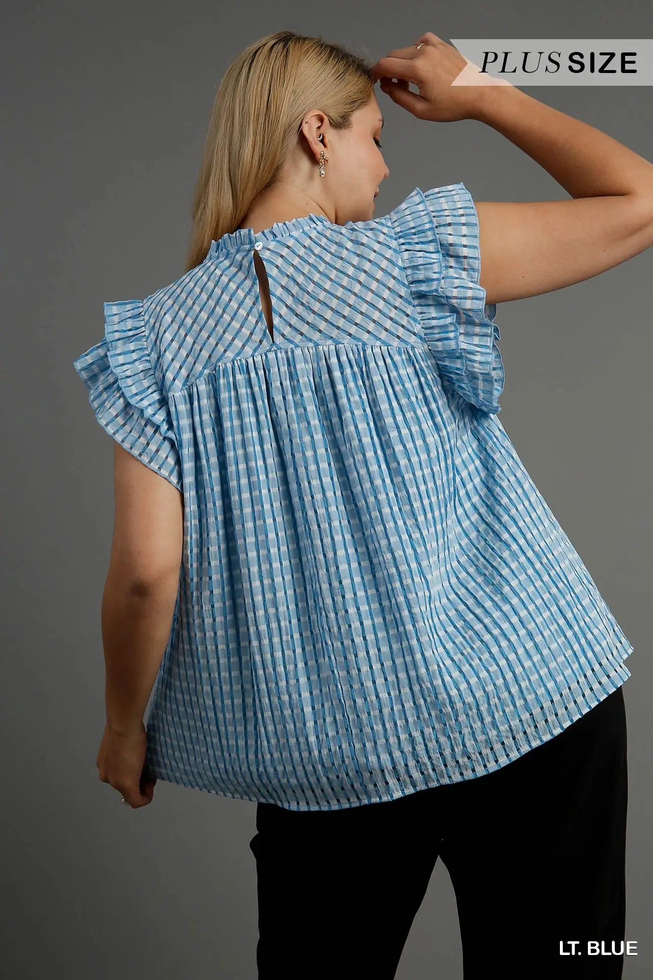 Umgee Plus Checkered Seersucker Ruffle Neck Boxy Cut Top with Double Flutter Sleeve