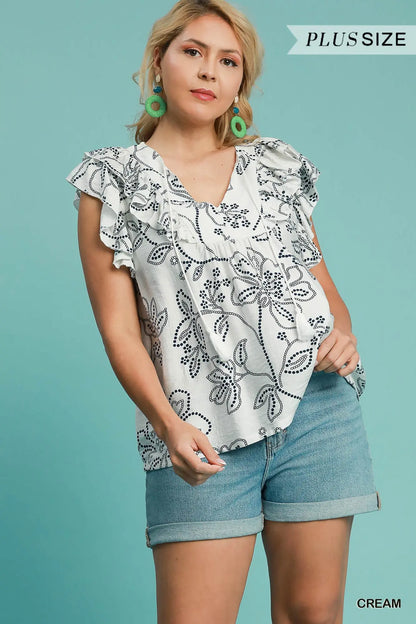 Umgee Plus Floral Print Top with Ruffled Sleeves