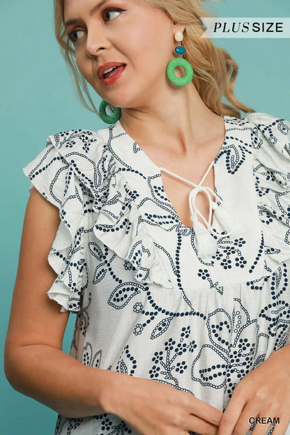 Umgee Plus Floral Print Top with Ruffled Sleeves