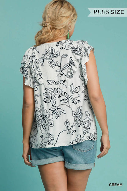 Umgee Plus Floral Print Top with Ruffled Sleeves