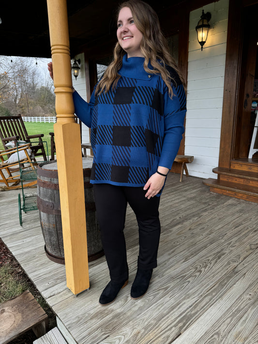 Keren Hart Blue Checked Cowl Neck Poncho Sweater