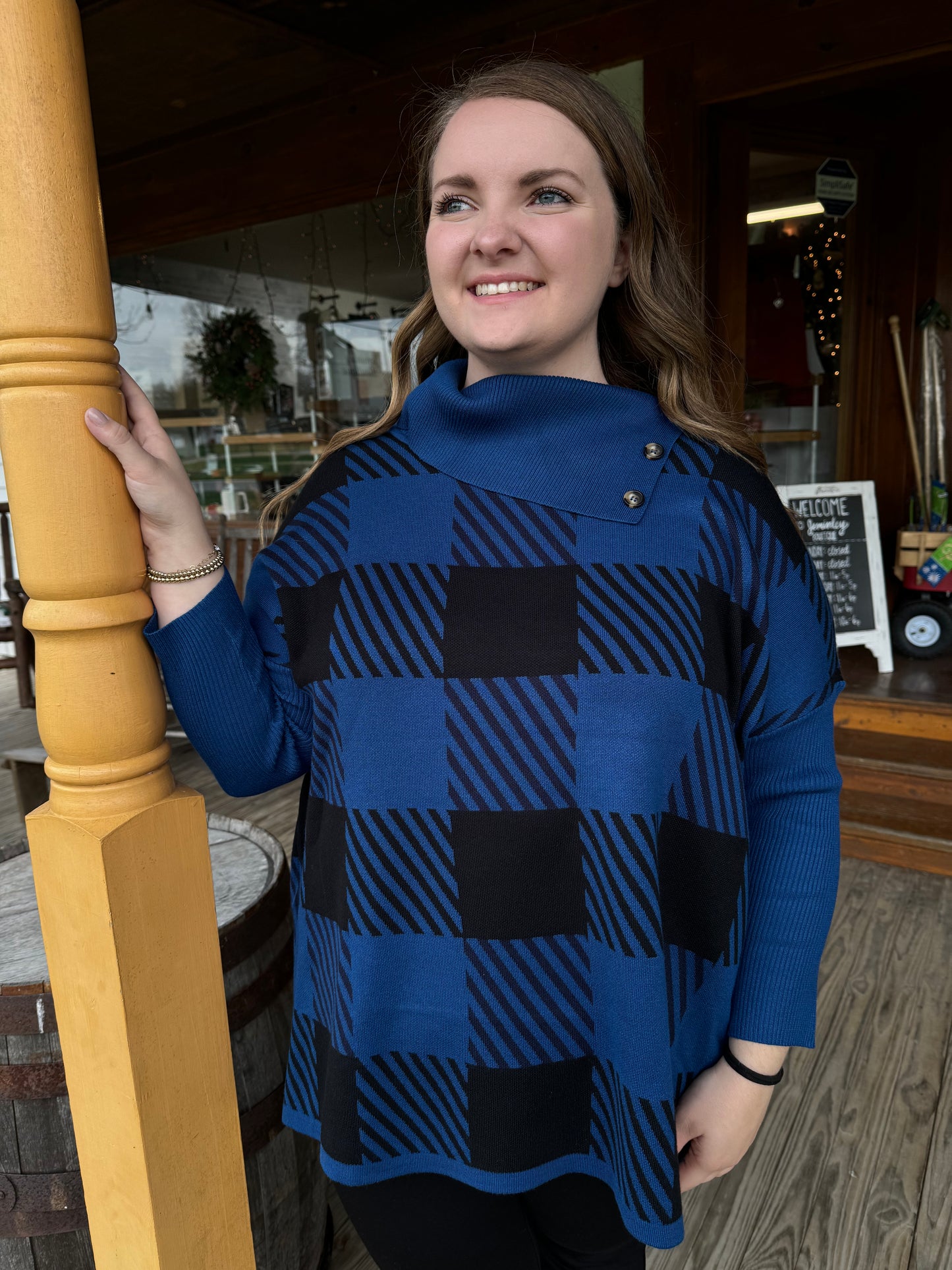 Keren Hart Blue Checked Cowl Neck Poncho Sweater