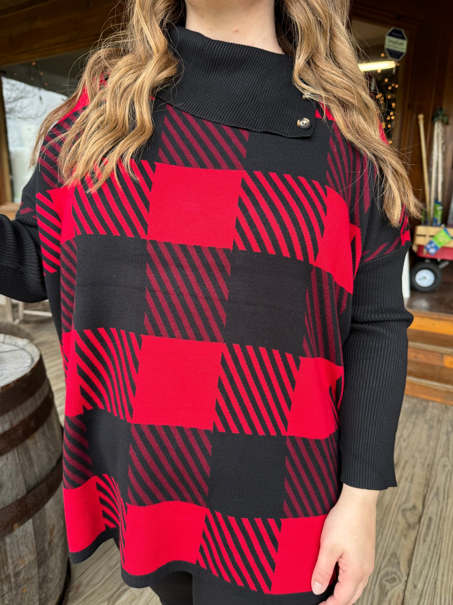 Keren Hart Red Checked Cowl Neck Poncho Sweater