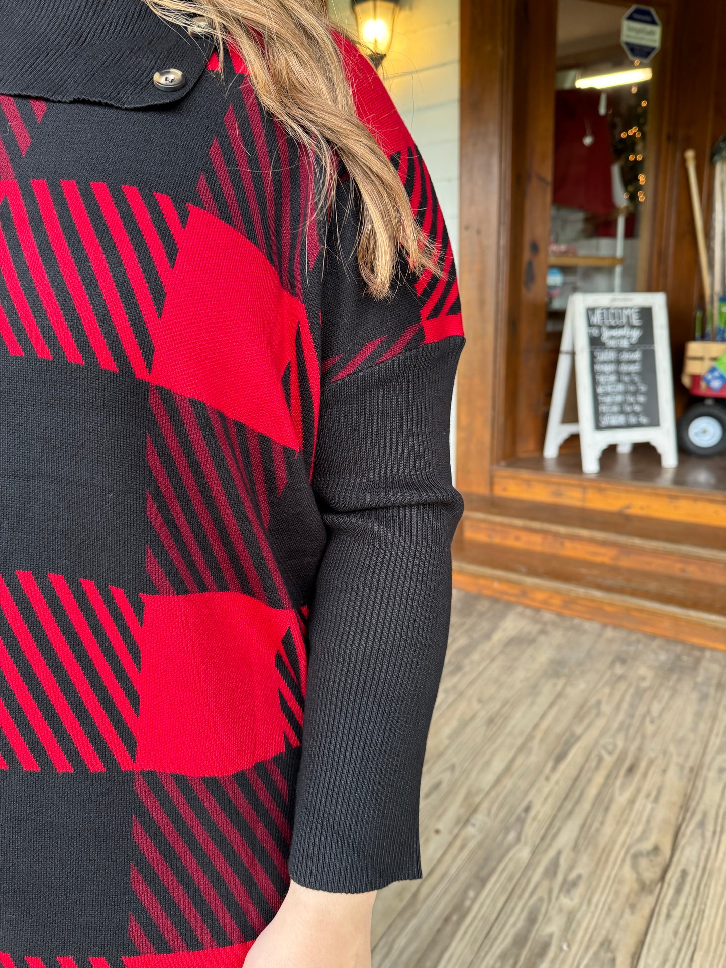 Keren Hart Red Checked Cowl Neck Poncho Sweater