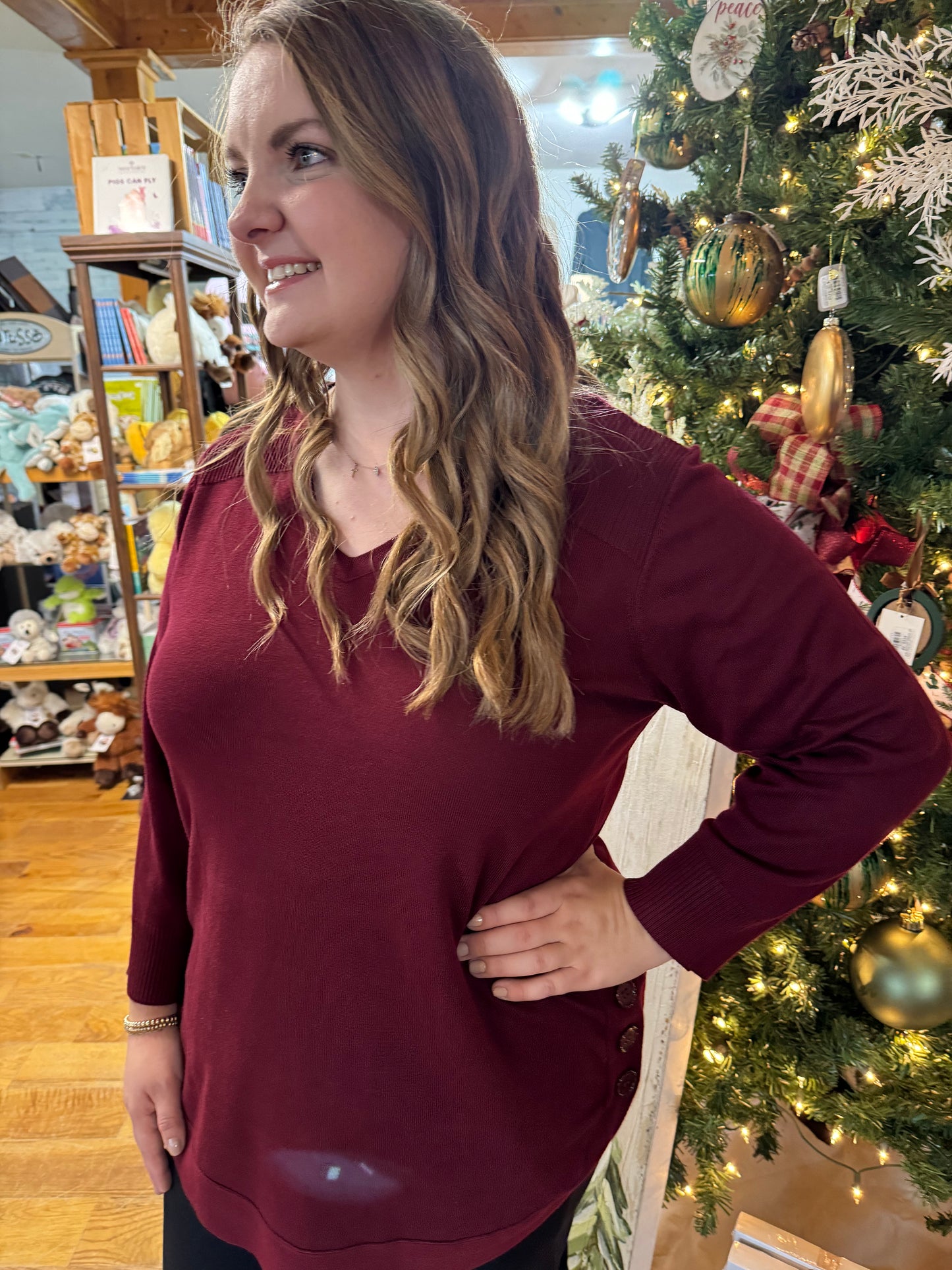 Keren Hart Burgundy V-neck Sweater with Rounded Hem and Buttons