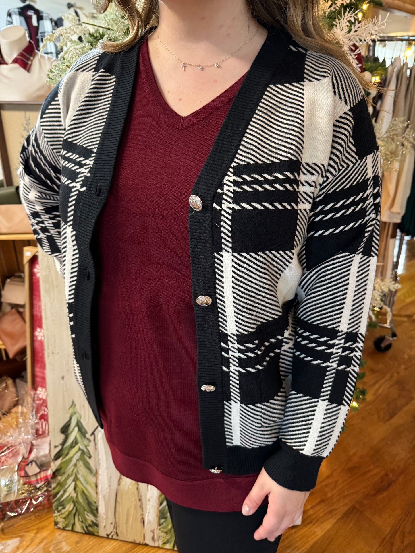 Keren Hart Black & White Plaid Sweater Cardigan with Buttons