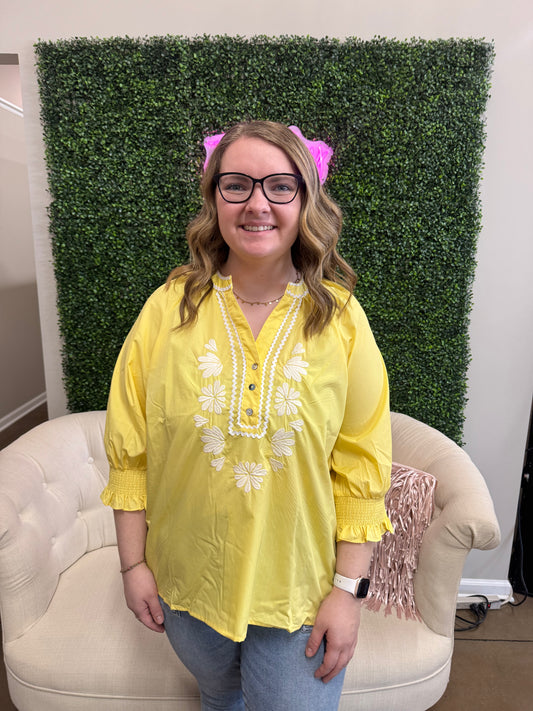 Entro 3/4 Sleeve Top with Ric Rac and Embroidery - Lemon