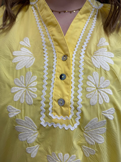 Entro 3/4 Sleeve Top with Ric Rac and Embroidery - Lemon
