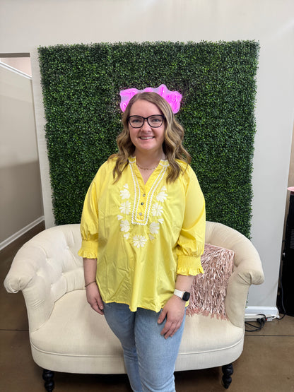 Entro 3/4 Sleeve Top with Ric Rac and Embroidery - Lemon