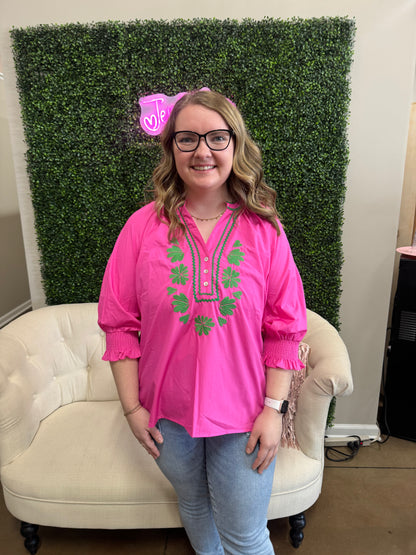 Entro 3/4 Sleeve Top with Ric Rac and Embroidery - Hot Pink