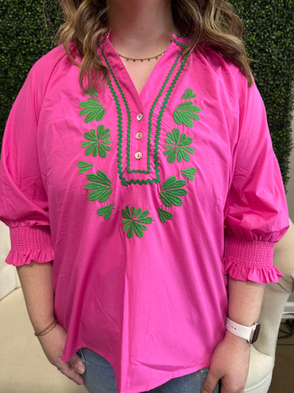 Entro 3/4 Sleeve Top with Ric Rac and Embroidery - Hot Pink