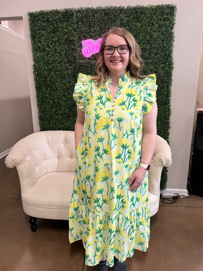 Entro Green Floral Ruffle Sleeve Maxi with Pockets