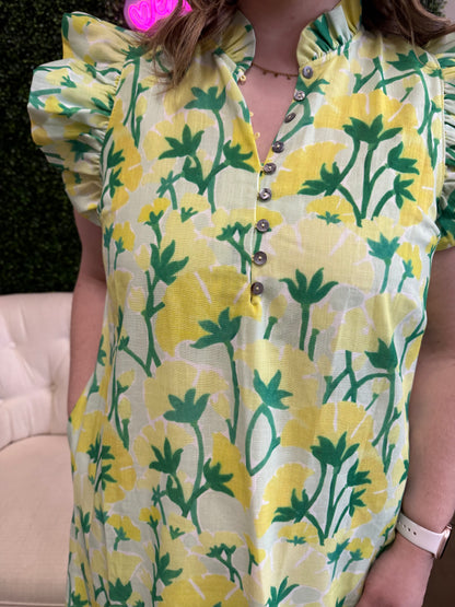 Entro Green Floral Ruffle Sleeve Maxi with Pockets