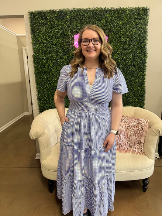 Entro Blue and White Striped Tiered Maxi with Pockets