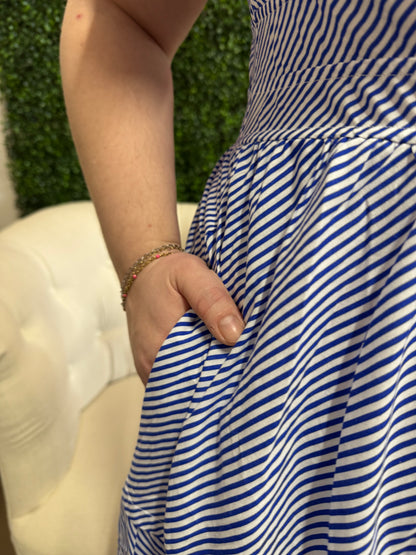 Entro Blue and White Striped Tiered Maxi with Pockets