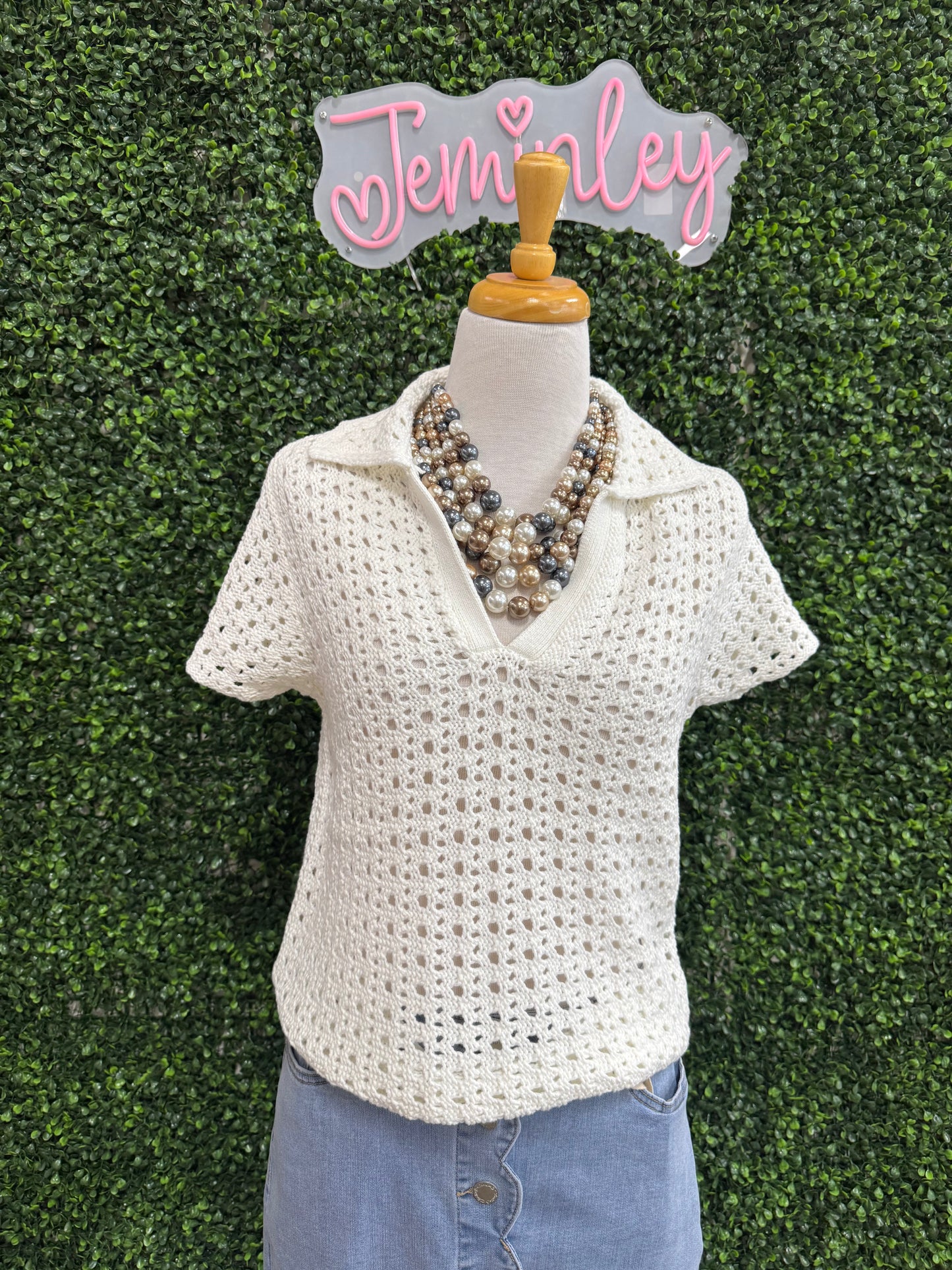 Keren Hart White Open Crochet Knit Polo Sweater