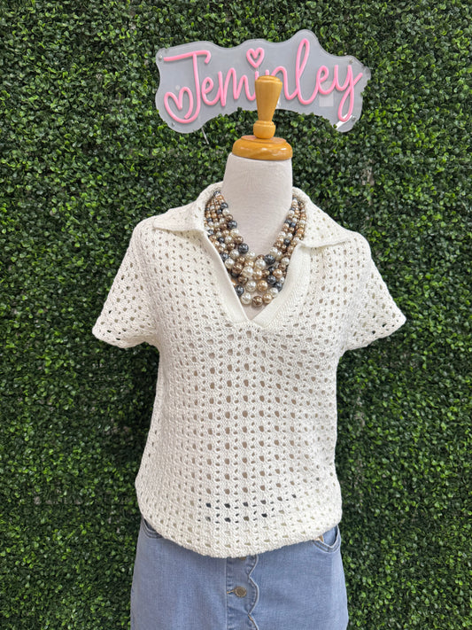 Keren Hart White Open Crochet Knit Polo Sweater