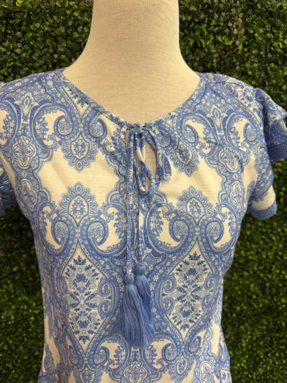 Keren Hart Blue & White Paisley Lace Flutter Sleeve Top