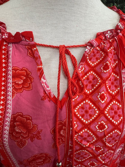Keren Hart Red & Pink Rose Patterned Blouse with Neck Tie