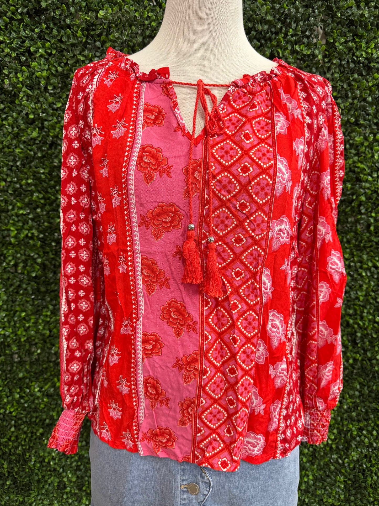 Keren Hart Red & Pink Rose Patterned Blouse with Neck Tie
