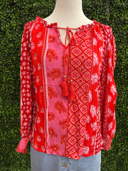 Keren Hart Red & Pink Rose Patterned Blouse with Neck Tie