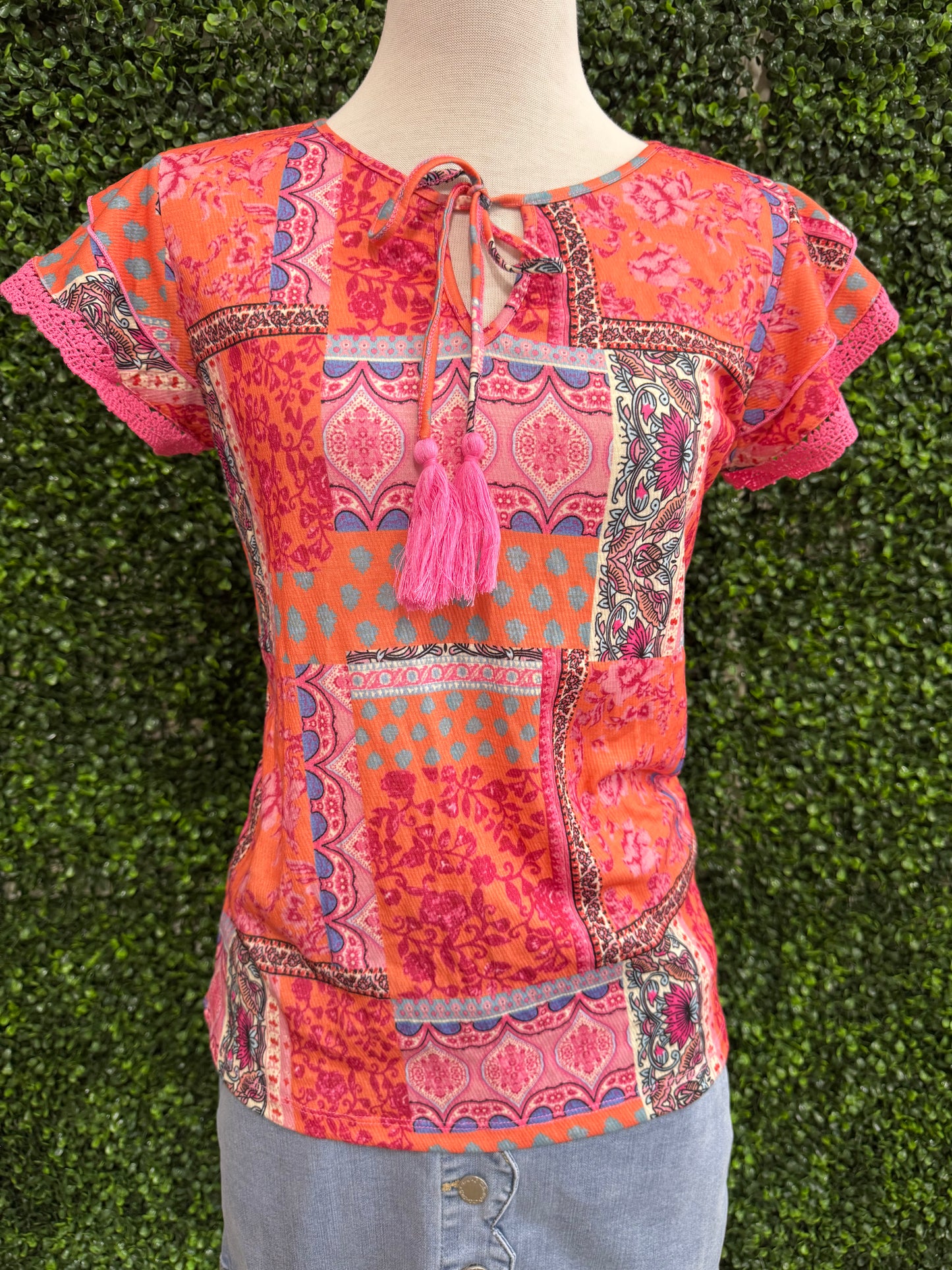 Keren Hart Orange & Pink Patch Pattern Lace Flutter Sleeve Top