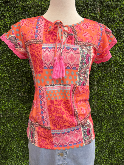 Keren Hart Orange & Pink Patch Pattern Lace Flutter Sleeve Top